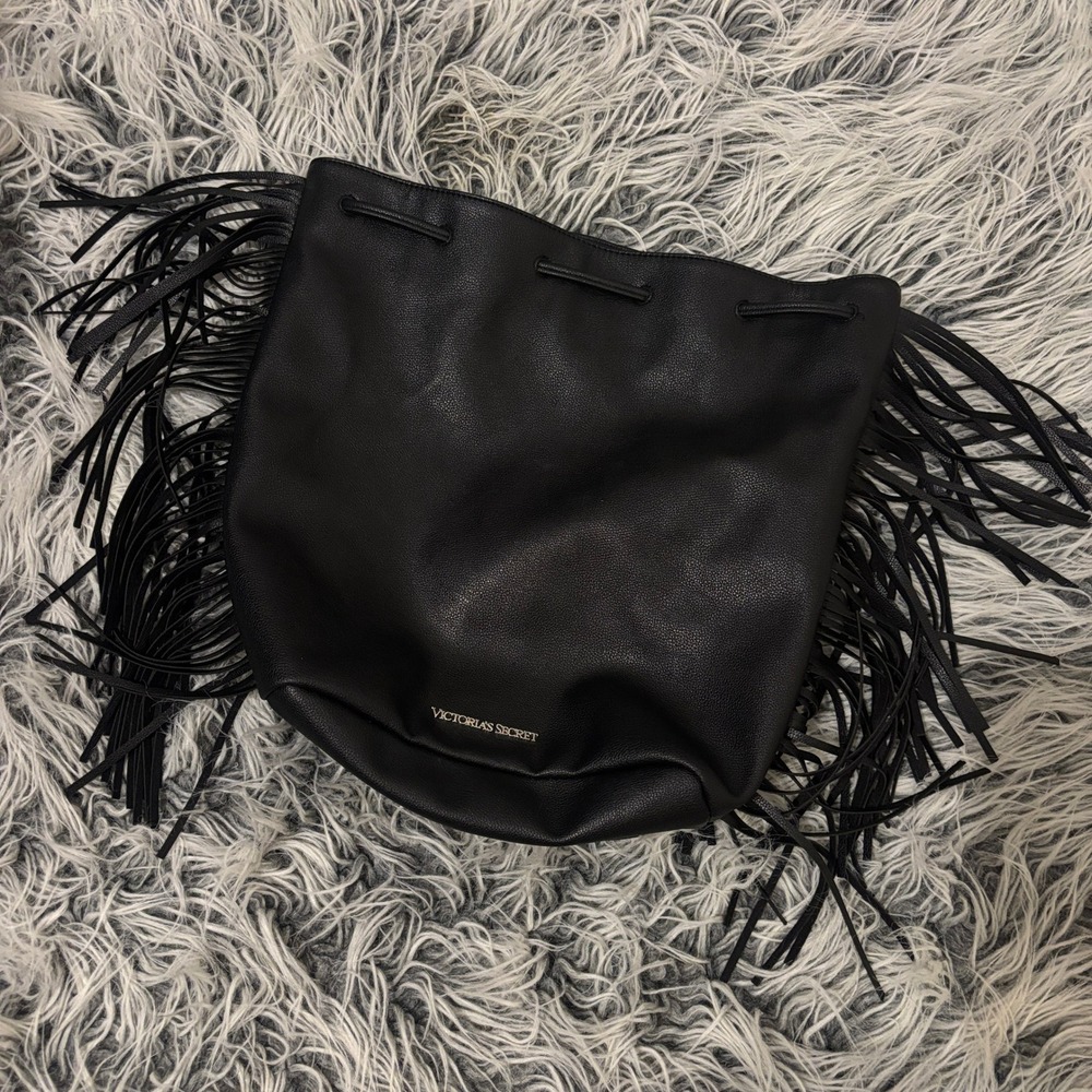Victorias Secret Black Faux Leather Fringe Drawstring Bucket Bag Shoulder Tote